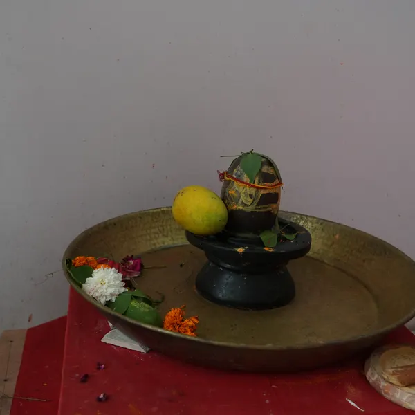 Black Shivling in a shallow brass tray, yellow tripundra on the stone, a lemon at its side, white and marigold flowers on the red altar cloth.